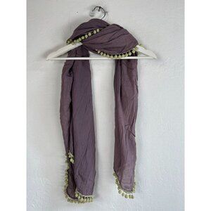 Womens Light Purple Scarf Wrap with Green Pom Pom Trim Lightweight 74x22 Boho